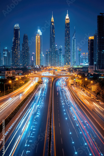 The vibrant lights of Dubai's skyscrapers illuminate the night while busy roads filled with traffic create a lively city atmosphere