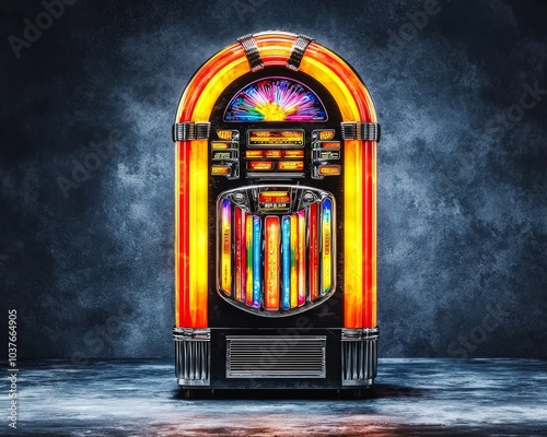 Colorful vintage jukebox with vibrant lights, displaying a retro design and a nostalgic ambiance.