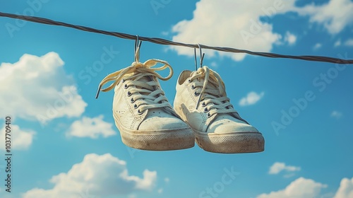 Pair of white sneakers hanging on a power line with a bright blue sky background