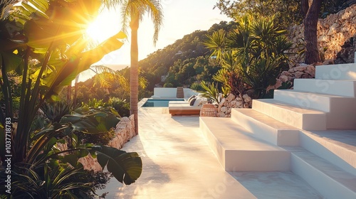 Luxurious outdoor pool and patio with palm trees at sunset