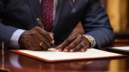 A government official signing a new crime prevention bill into law, representing legislative efforts to reduce crime