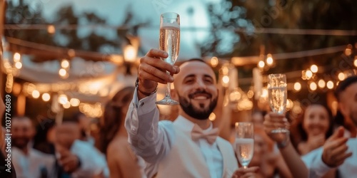 Cheers to Happiness: A groom raises his champagne glass in a toast, surrounded by friends and family at a celebratory outdoor wedding reception.