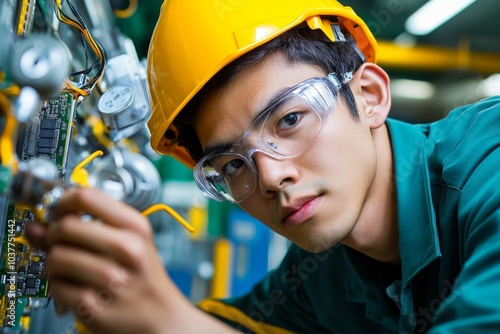 A computer engineer assembling parts of a supercomputer, carefully installing processors and memory modules