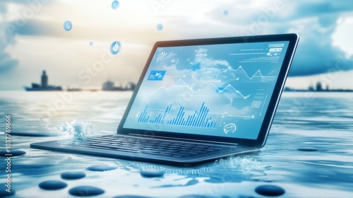 A laptop floating in water displaying digital analytics, symbolizing data science, technology, and innovation in challenging environments.