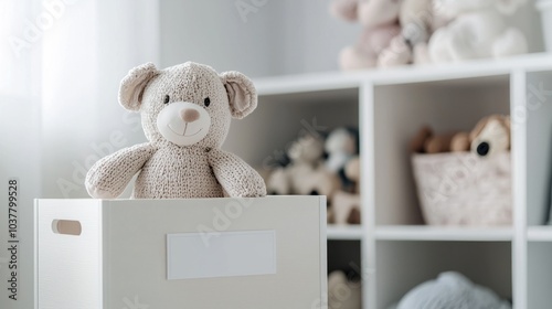 Closeup of kids toy box with name label, white color, product photography