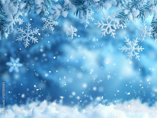 Snowflakes gently falling through a tranquil blue winter wonderland landscape. Generative AI