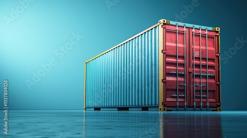 Colorful shipping container against a vibrant blue background showcasing modern transport logistics.