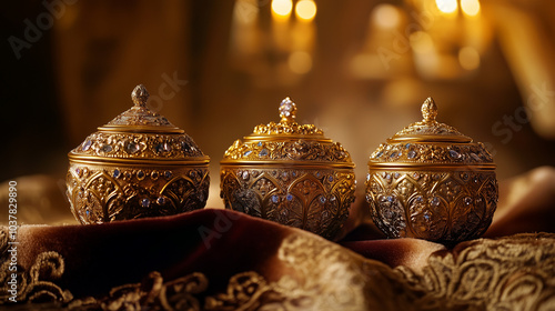 Three ornate containers holding the Wise Men's gifts, gold, frankincense, and myrrh, placed on a luxurious velvet cloth, soft lighting creating gentle highlights on the gold and jewels 