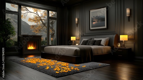 A luxurious bedroom lit by candlelight, with ylang-ylang flowers scattered across a plush bedspread and a subtle fireplace glowing in the background, evoking warmth and intimacy, Ultra-Realistic, 