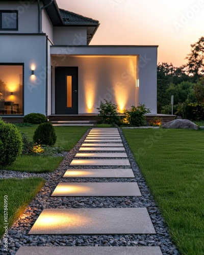 Modern Pathway with Illuminated Stones and Greenery