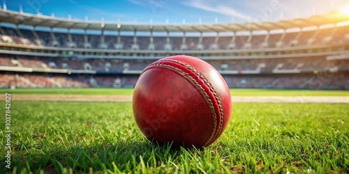 Closeup of cricket red ball on cricket stadium Macro