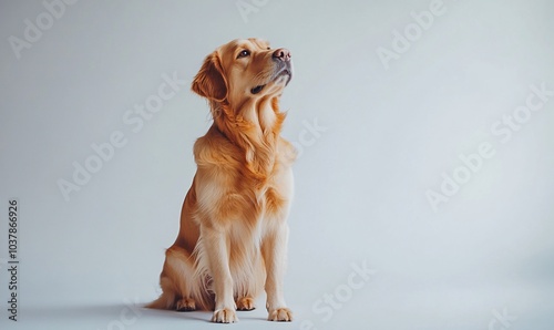 A golden retriever dog sits on a white background, looking up and slightly to the left.