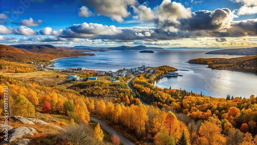 Asymmetrical panorama of northern autumn nature in Murmansk region, Apatity, Kirovsk, and White Sea