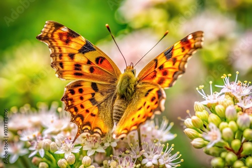 Close-up of Polygonia c-album, comma butterfly feeding on flowers