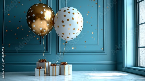 Elegant Celebration Scene with Gold and White Balloons and Wrapped Gifts. Generative AI