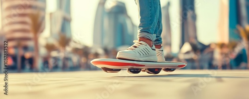 Futuristic hoverboard technology in a bustling sci-fi city, personal transportation innovation