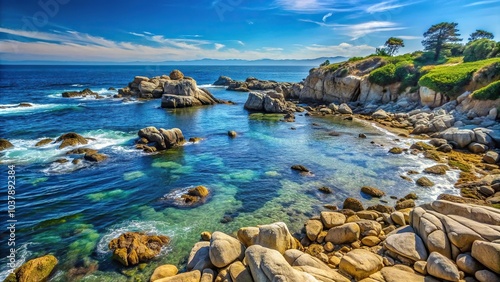 Close-Up Rocky shore of Pacific Ocean in Monterey Bay California