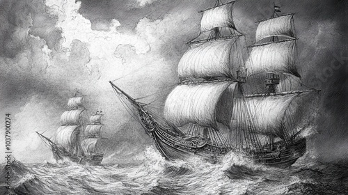 Detailed illustration of Columbus' ships navigating stormy seas for Columbus Day celebration