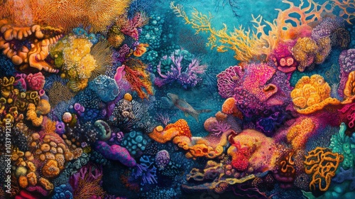 A painting of a colorful coral reef with a variety of sea creatures. The mood of the painting is vibrant and lively, with the bright colors of the coral and the fish creating a sense of energy