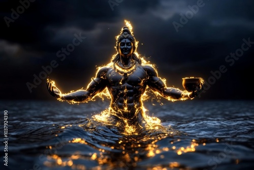 Lord Dhanvantari emerging from the ocean during Samudra Manthan, holding a pot of nectar, surrounded by divine light