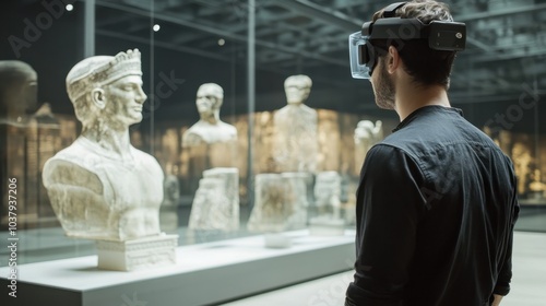 Augmented reality museum tour with a virtual crowd, digital artifacts, and historical information overlaid on real-world exhibits.