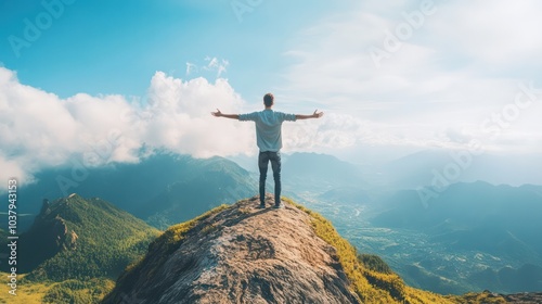 A man stands on a mountain top, arms outstretched, with the sky behind him