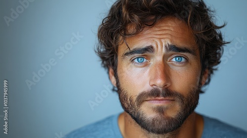 A man with a beard and blue eyes is staring at the camera