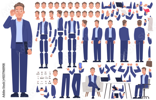 Business man character constructor. Male manager. Set of different body positions, arms and legs, many emotions to create animation