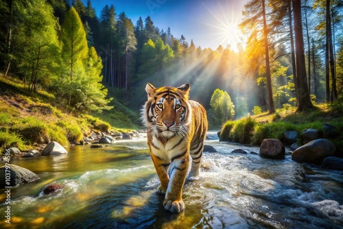 A long exposure image captures the majestic grace of an Amur tiger crossing a river.