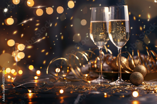 Two glasses of champagne with gold confetti and sparklers, ready for a celebration.