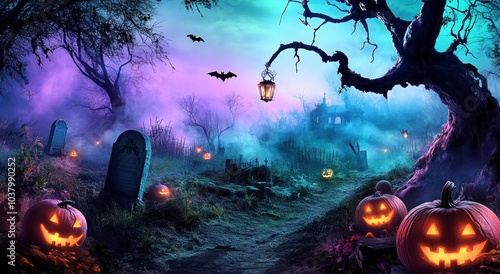 Spooky Halloween Night with Graveyard, Pumpkins and Lanterns in Misty Forest - Perfect for Photography Backdrops and Digital Artwork