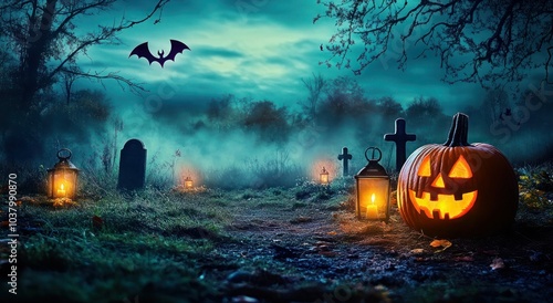 Spooky Halloween Night with Graveyard, Pumpkins and Lanterns in Misty Forest - Perfect for Photography Backdrops and Digital Artwork