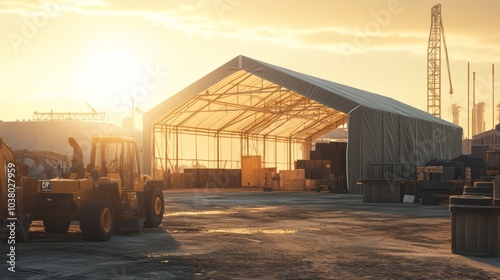 Golden Hour Construction Site: A large industrial temporary structure bathed in the warm glow of sunset, with heavy machinery and construction equipment in the foreground.