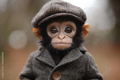 Baby chimpanzee wearing suit and newsboy cap posing in nature