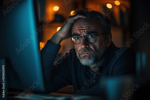 Misery,Stressed middle-aged professional man with hands on head working at computer desk in dim office, expressing pessimism and job stress, gloomy mood, modern corporate environment