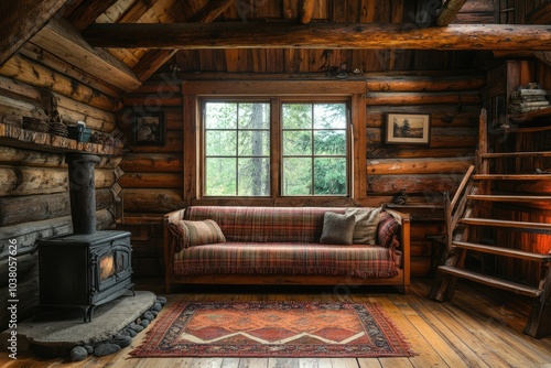 Cozy wooden cabin interior with bench and window showing green trees