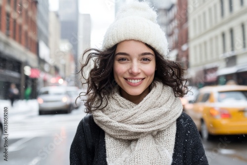 A stylish young woman with a warm smile, wrapped in a cozy knit hat and scarf, stands on a snowy city street, embodying winter fashion and urban style.