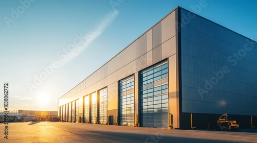 Modern Industrial Warehouse at Sunset 