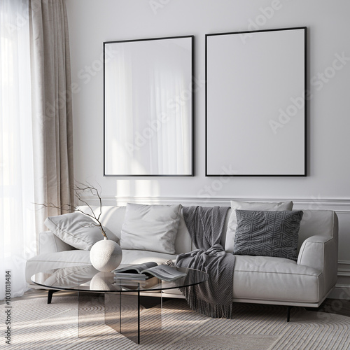 Frame mockup, ISO A paper size. Living room wall poster mockup. Interior mockup with house background. Modern interior design. 3D render 