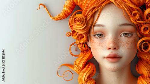 A young red-haired teenage girl. A stylish portrait of a girl with freckles and fiery orange hair arranged in a spiral. Capricorn according to the sign of the horoscope. Close-up