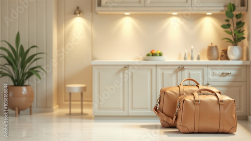 Immaculate Kitchen with Stylish Luggage Suggesting an Upcoming Adventure in Modern Living