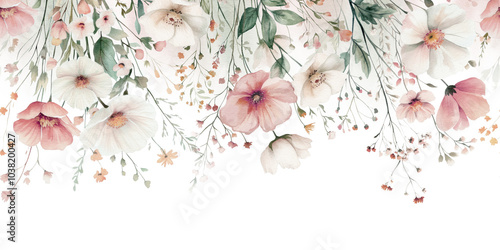 Wildflowers floral watercolor seamless border on white background. Wild fields herbs flower bouquet frame pattern. Illustration, wedding stationery, wallpapers, fashion, textile, prints, baby shower.