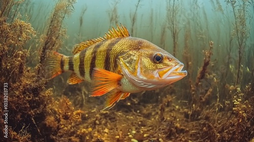 Yellow perch swimming through freshwater lake weeds