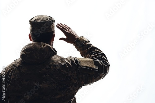 Soldier saluting while wearing camouflage military uniform