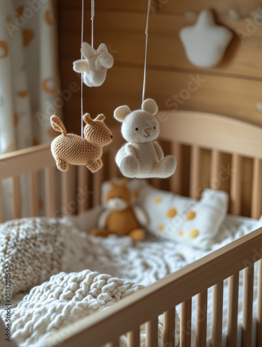 Wooden crib in a cozy nursery with stuffed animals overhead.