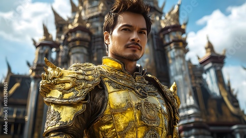 Asian male gods or Thai male gods in gold robes with an ancient castle in the background, glowing in gold, representing immortality and power, similar to a superhero.