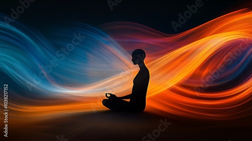 Abstract waves of light swirling around a meditating figure suspended in space