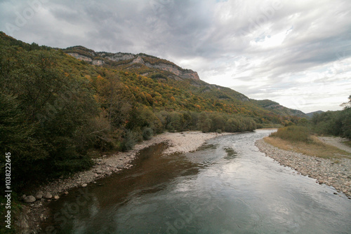 Malaya Laba Mountain River in autumn, Psebai, Russia.