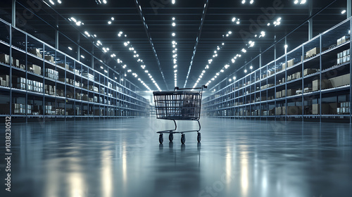 Sleek and Expansive Warehouse Setting Highlighting a Single Shopping Cart in a Pristine Environment