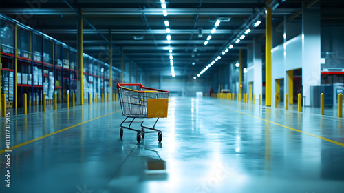 Sleek and Expansive Warehouse Setting Highlighting a Single Shopping Cart in a Pristine Environment